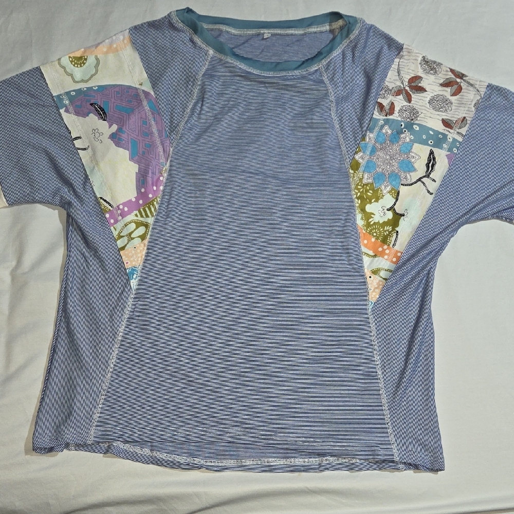 Evaless Loose Fit Bat Sleeves Striped Patchwork 3/4 Sleeve Large